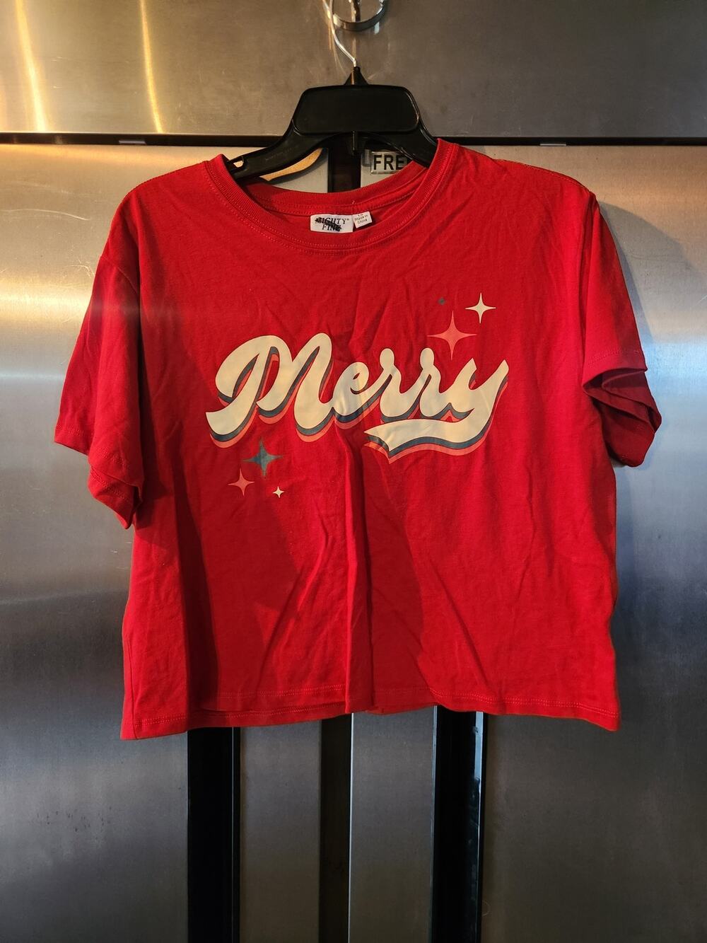 Mighty Fine Red Merry Christmas Crop Top Women's Size Large Sparkle Graphic Tee